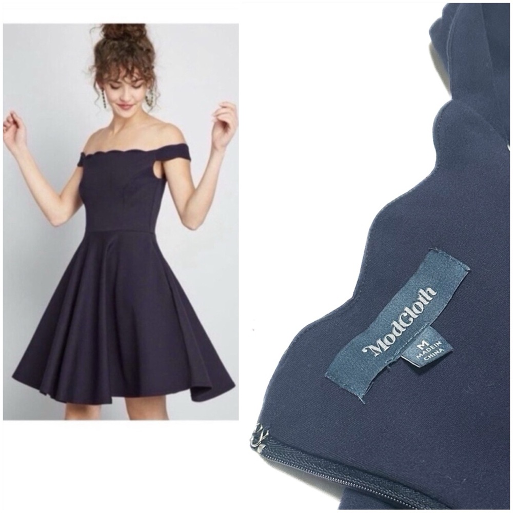 Modcloth Forever Favorite Off Shoulder Scalloped Neckline Dress Navy Ponte Knit